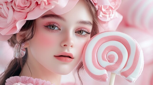 Make up and doll style concept. A young woman with pink flowers in her hair poses with a pink and white spiral lollipop against a soft pink background.
