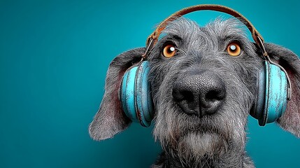 Pixelated Dog in Blue Headphones on Teal Background