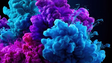 A stormy, rainy night with a dark sky, featuring an array of colors including black, deep purple, violet, blue, pink, magenta, and fuchsia, along with clouds, fog, smoke, mist, and steam, sets the