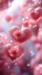 Fototapeta premium Translucent Pink Hearts Phone Wallpaper Delicate Flowers & Shimmering Bubbles in Dreamy Soft-Focus Background | Vertical 4K Aesthetic Background