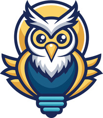 Fototapeta premium A high resolution mascot logo with crisp lines depicting a playful cartoon owl perched on a stylized lightbulb, radiating a sense of wisdom and bright ideas 