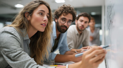 In a modern office setting, a group of coworkers passionately collaborates around a whiteboard, exchanging creative ideas and jotting down notes. The atmosphere is energetic and focused