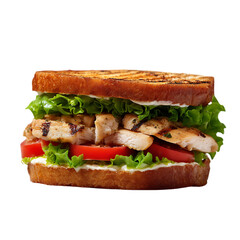 Close up of grilled chicken sandwich with lettuce and tomato
