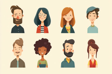 Fototapeta premium Diverse, stylized human avatar collection shows various expressions, from serious to joyful, reflecting wide range of emotions and personalities