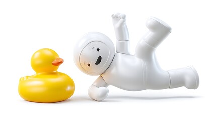 Playful White Character and Yellow Rubber Duck on White Background