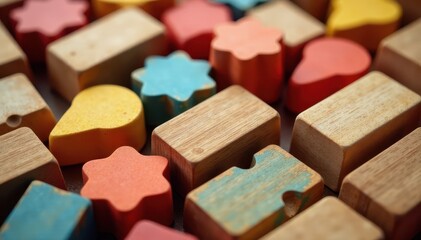 Fototapeta premium Close-up of various wooden blocks in different shapes and sizes, building, colors, organic