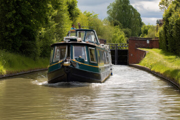 Fototapeta premium Canal boat navigating waterway, locks reflects idyllic charm, creates serene and enchanting scene that evokes sense of tranquility and adventure on water