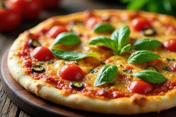 Close up vibrant raw pizza with colorful vegetable toppings , Italian, artichoke