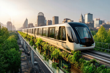 Fototapeta premium Futuristic monorail, gliding through cityscape evokes sense of hope and forward thinking, blending urban life with nature serenity
