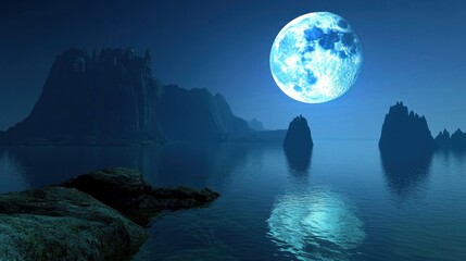 Vast, luminous moon illuminates a tranquil, rocky shoreline.