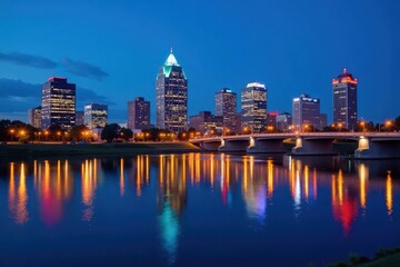 Fototapeta premium Evansville skyline, blue hour, river reflection, illuminated buildings, buildings, Indiana