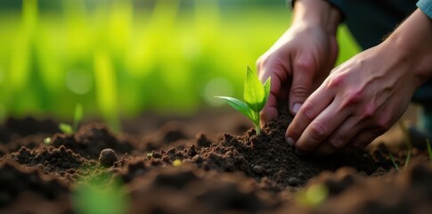 Farmer's hands carefully planting rice seedlings in fertile soil, healthy, planting rice, rural landscape