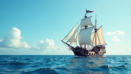 Stately white pirate vessel, billowing sails, serene ocean, ocean, marine, romance