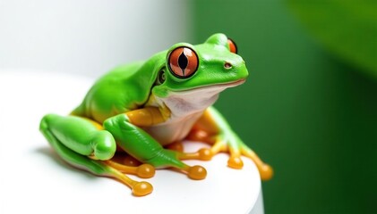 Green tree frog perched on white, vibrant skin, herpetology, amphibian
