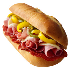 Close up of a fully loaded sub sandwich on a black background