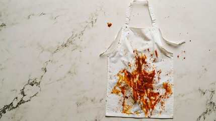 Messy White Apron with Food Stains on Marble Kitchen Surface