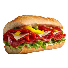 Close up of a sandwich with pepperoni and lettuce on a black back