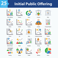 Initial Public Offering is a collection of icons in sheet format showcasing stock market activity, corporate funding, and capital growth in modern business.