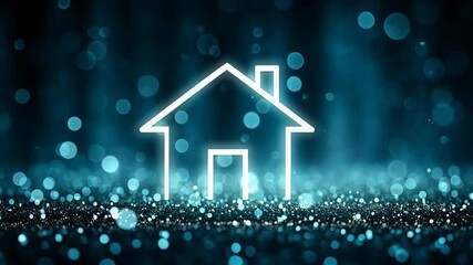 Glow house icon with glitter and bokeh lights. Illustration for real estate, rental market or property management business.