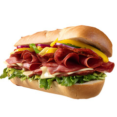 Close up of a submarine sandwich with meat and vegetables