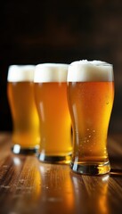 Four glasses of golden beer, wood grain visible , set, golden, amber