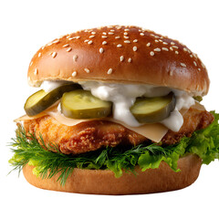 Close up of a chicken burger with pickles and creamy white sauce