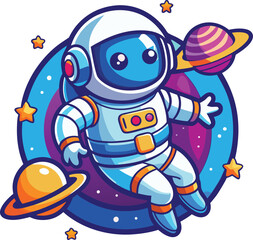 Obraz premium a mascot logo featuring a playful and curious cartoon Astronaut floating among stars, representing exploration and innovation for a space related initiative