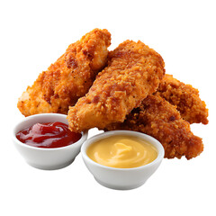 Golden fried chicken tenders with ketchup and mustard dips close