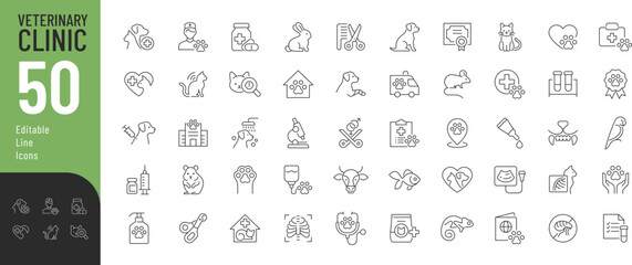 Veterinary Clinic Line Editable Icons set. Vector illustration in modern thin line style of animals care related icons: pets, types of examinations and veterinary services, and more. 
