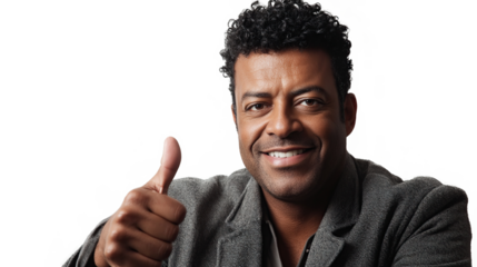 Handsome black businessman smiles, giving a thumbs up gesture, a sign of success and happiness, isolated on transparent background. PNG