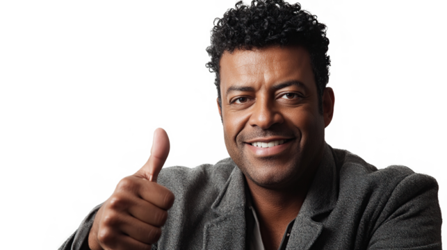 Handsome black businessman smiles, giving a thumbs up gesture, a sign of success and happiness, isolated on transparent background. PNG