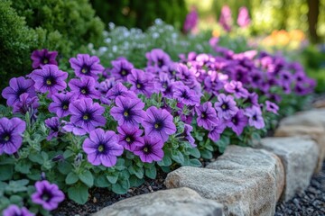 Fototapeta premium Vibrant purple petunias in a garden bed