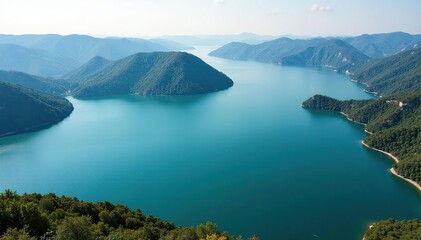 Naklejka premium Irregular shaped lake with winding shoreline and islands, basin, beautiful, lake