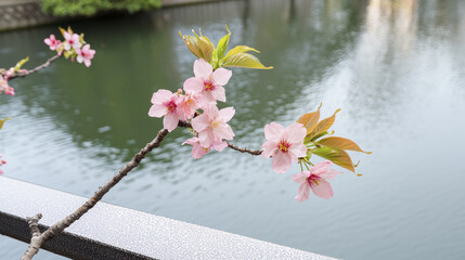 Cherry blossoms blooming over tranquil water surface create serene atmosphere in nature beauty