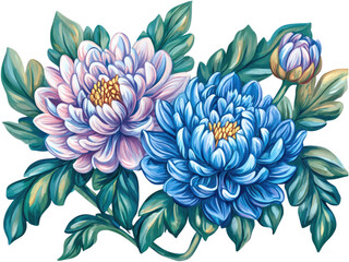 Stunning Blue and Lavender Chrysanthemum Floral Bouquet Painting Artistic Illustration