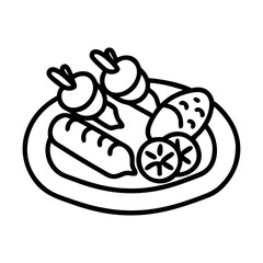 Vector line art illustration of healthy food plate with vegetables and protein source meal
