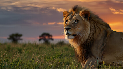 Obraz premium Lion in grass field against sunset sky 