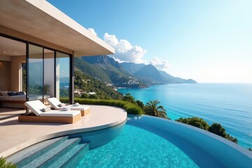 Fototapeta premium Glass-fronted villa, breathtaking coastal panorama, coastal, residential