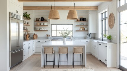 Beautiful farmhouse style kitchen showcases white cabinetry and wood accents