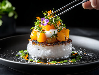 Molecular gastronomy dish with spherified mango, vegetable foam, edible flowers, tweezers placing final garnish