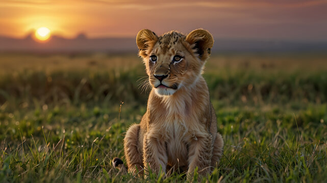 Lion cub in grass field at sunset 