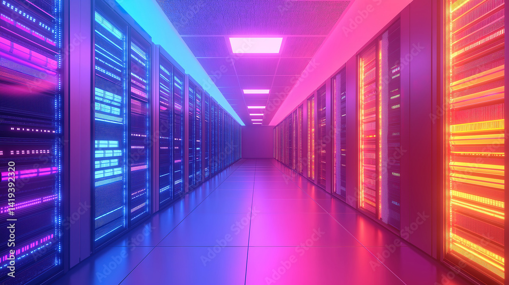 Poster cables and racks setup in data center configuration, focusing on efficient system management
