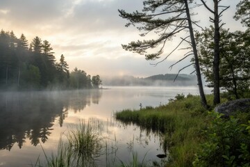 Obraz premium Misty lake, ethereal dawn. Photography captures mystical morning; serene, peaceful scene.