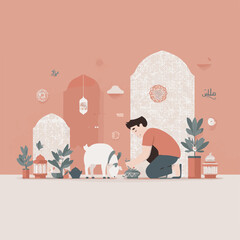 Illustration of Eid al-Adha. Muslims Prepare Sacrificial Animals. People Celebrate Eid al-Adha