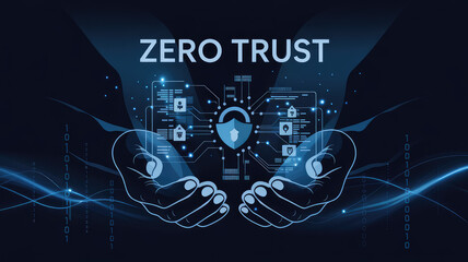 Zero Trust: A graphic representation, emphasizing the concept of zero trust in cybersecurity, featuring hands cradling a secure lock symbol surrounded by a network of interconnected digital elements.