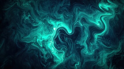 Dynamic teal and dark blue swirling patterns create an abstract design.