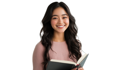 Smiling young student reading a book, isolated on transparent background. PNG