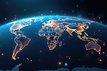 Global Network Visualization with Glowing Blue Connections and Golden City Lights in a Futuristic Globe Design