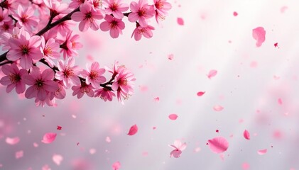 Vibrant sakura branches, scattered petals, flowing pattern, textile, spring