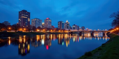 Naklejka premium Evansville's illuminated buildings mirrored in the serene blue hour river, ohio river, waterscape